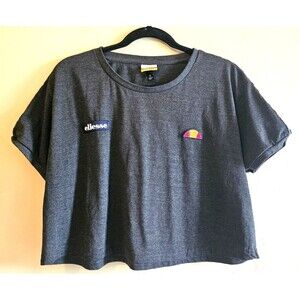 ELLESSE Cropped Womens T-Shirt Black embellished sleeves, beach, sz 12